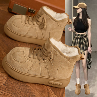 真皮大头雪地靴女加绒大棉面包靴