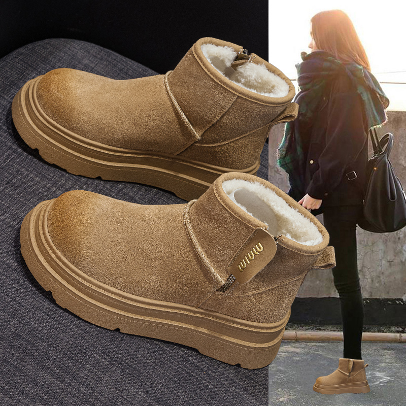 皮毛一体雪地靴加绒加厚复古短靴