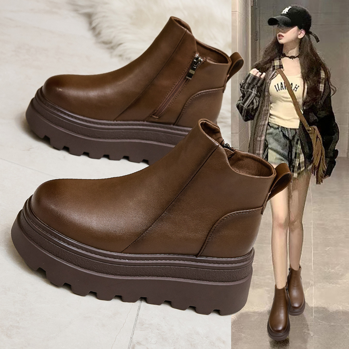 复古真皮马丁靴女鞋2025冬季新款时尚厚底增高切尔西加绒工装短靴