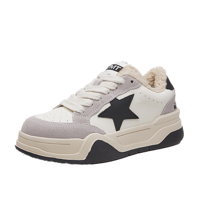 毛毛鞋女真皮小白鞋子加绒星星鞋