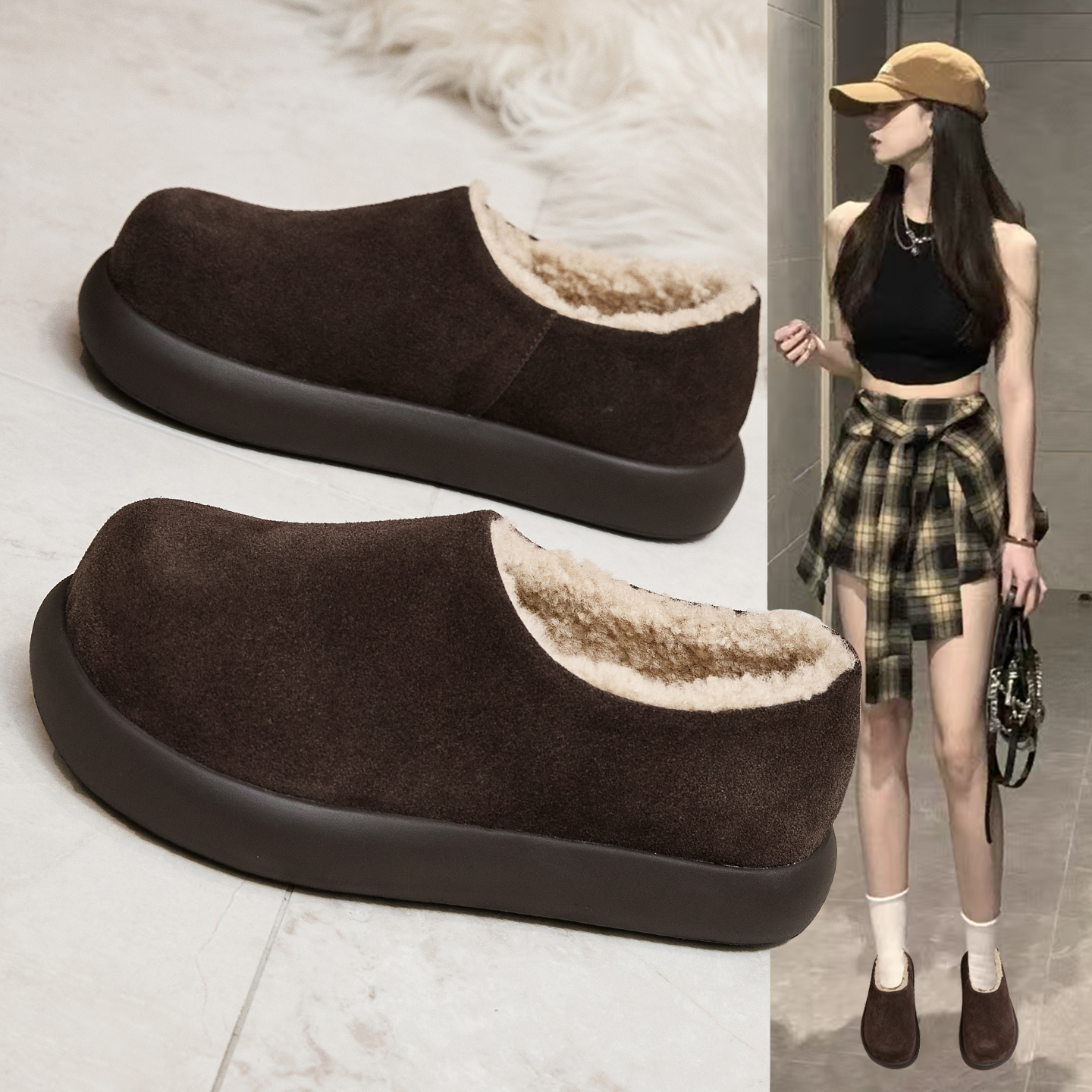加绒保暖勃肯鞋女真皮懒人一脚蹬