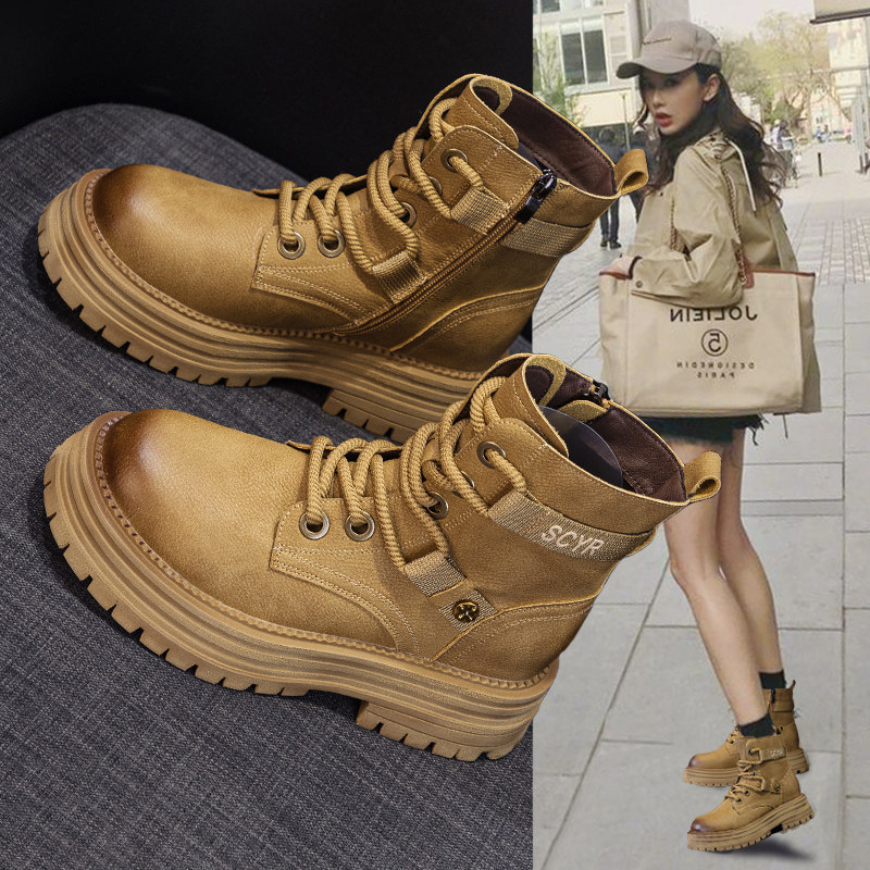 爆款真皮马丁靴女英伦风2024秋季新款加绒厚底工装复古大黄靴短靴