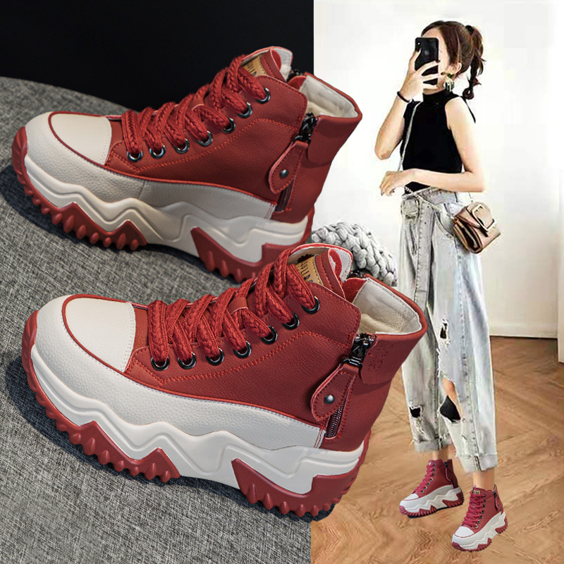 真皮复古高帮鞋女厚底运动老爹鞋