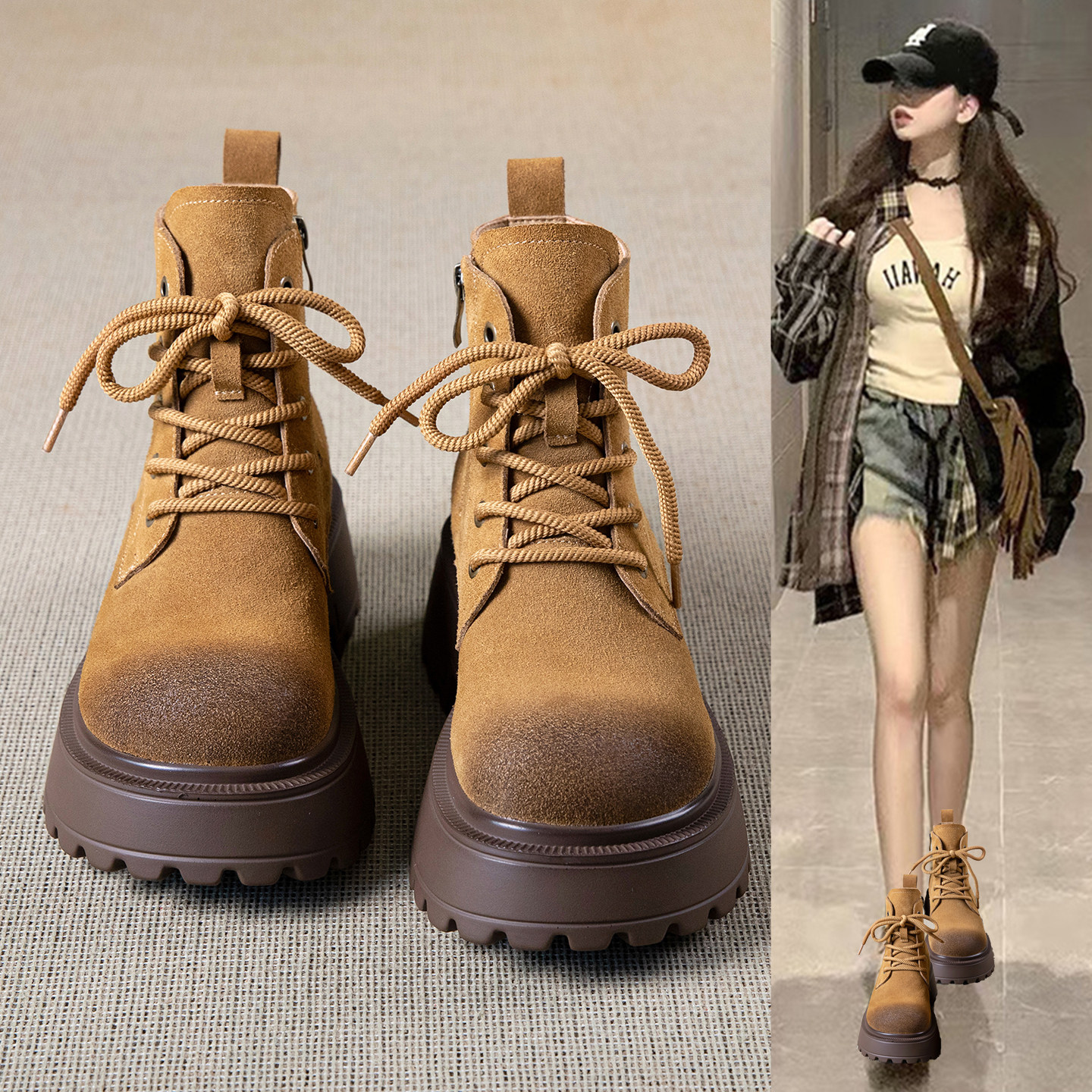 秋季真皮复古马丁靴女2025新款厚底增高英伦风大黄靴时尚工装短靴