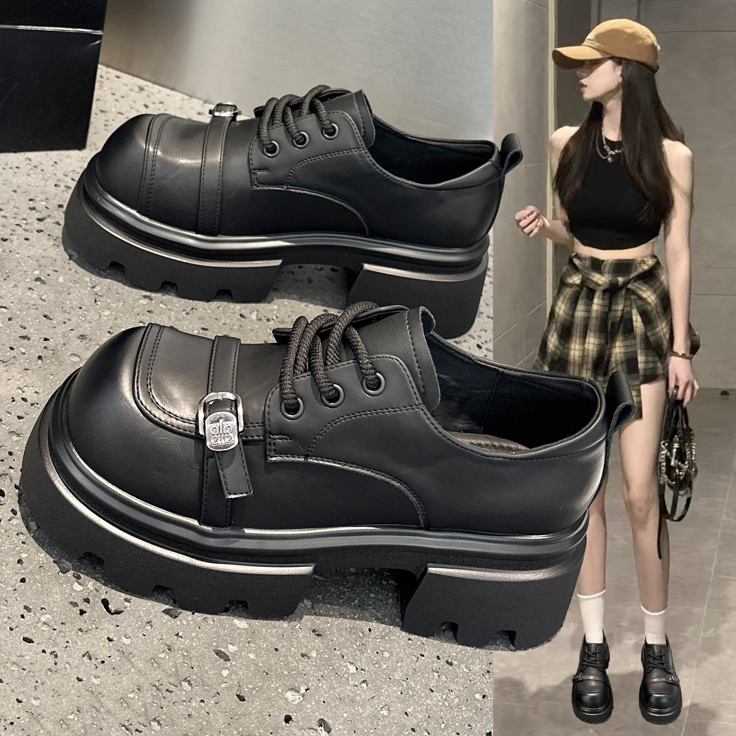 黑色真皮小皮鞋女单鞋英伦风2026春季新款厚底松糕时尚气质乐福鞋,女鞋,乐福鞋（豆豆鞋）,淘宝优惠券,粉丝福利购,淘宝优惠卷