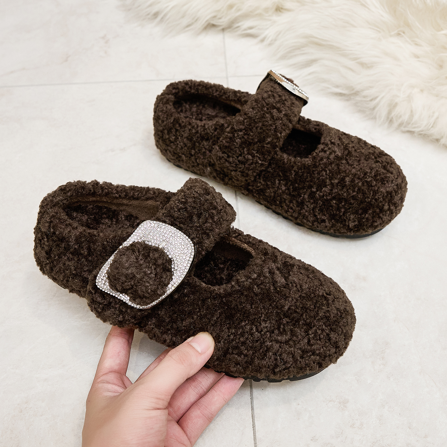 毛毛拖鞋女外穿平底加绒玛丽珍鞋