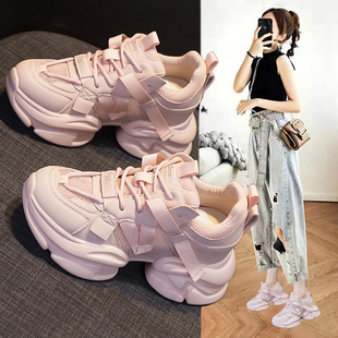 网鞋女透气网面粉色老爹鞋2023夏季新款厚底松糕内增高休闲运动鞋