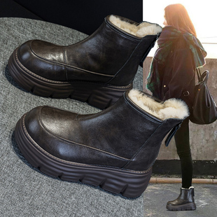 加绒加厚厚底马丁靴 大棉鞋 真皮复古皮毛一体雪地靴女2025冬季 新款