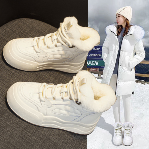 牛皮雪地靴女加绒厚绒大棉鞋2023冬季新款真皮厚底高帮毛毛小白鞋