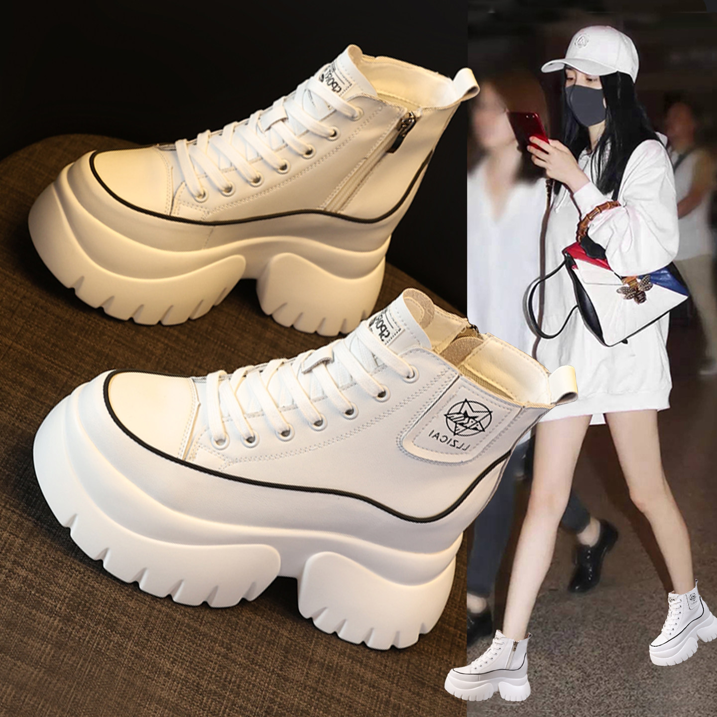 厚底加绒白色马丁靴女高帮小白鞋