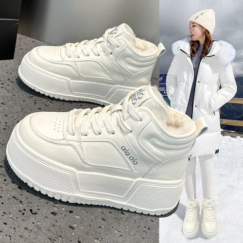 真皮高帮大棉鞋女加绒厚底小白鞋