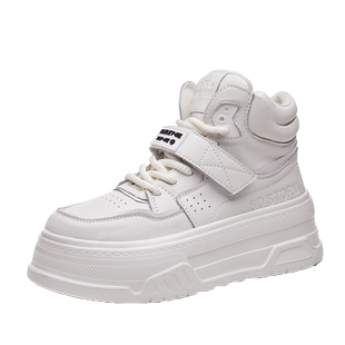 真皮高帮鞋女鞋子2025秋季新款爆款厚底松糕加绒运动休闲小白棉鞋