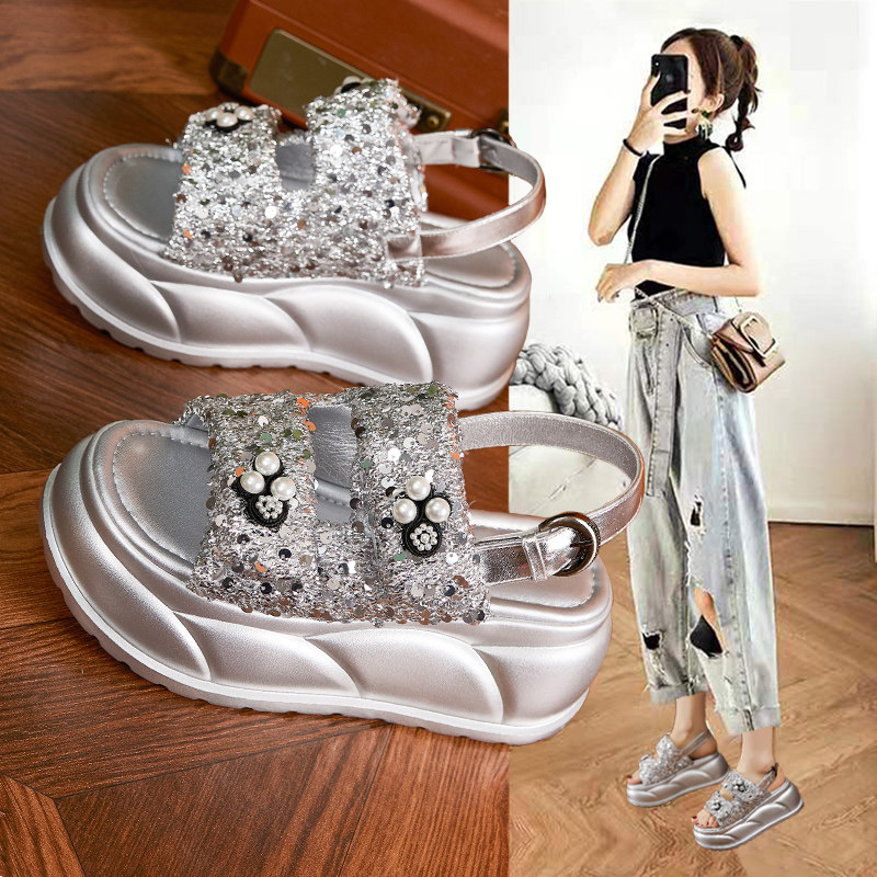 一字带凉鞋女仙女风2025夏季新款外穿时尚厚底松糕珍珠罗马沙滩鞋