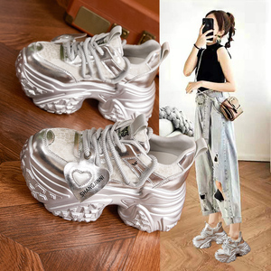 欧洲站内增高老爹鞋女2024秋季新款厚底小个子银色透气运动休闲鞋