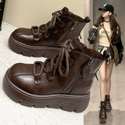 真皮内增高马丁靴女加绒棕色短靴