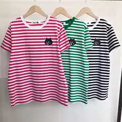 Parent-Child Style! Japanese-Style Surprised Cat 25 Summer New Striped Round-Neck Cute Cat Short-Sleeve T-Shirt for Women
