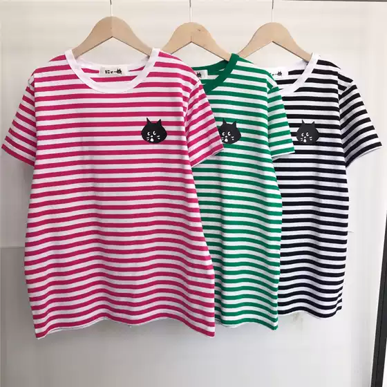 Parent-Child Style! Japanese-Style Surprised Cat 25 Summer New Striped Round-Neck Cute Cat Short-Sleeve T-Shirt for Women