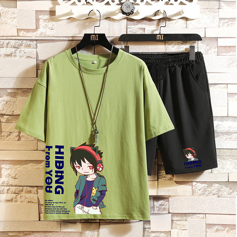 夏季套裝新款潮牌男純棉寬鬆半袖卡通情侶