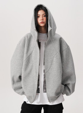 BWKA美式重磅解构连帽开衫卫衣女男春季加绒加厚拼接设计感短外套