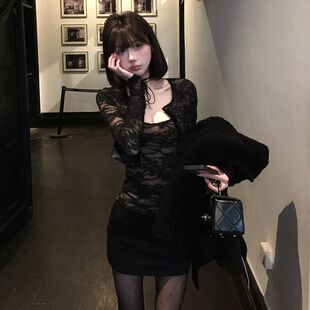 纯欲风辣妹穿搭一整套装女春秋新款蕾丝吊带打底裙长袖外套两件套