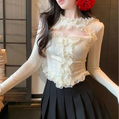 纯欲风甜美木耳边洋气短针织衫