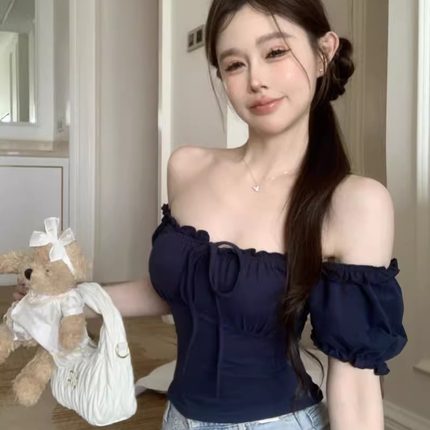 辣妹风泡泡短袖t恤女夏2025新款紧身超好看显瘦独特系带甜美上衣