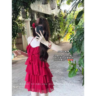 多巴胺红色初恋连衣裙女夏新款小个子辣妹度假风超好看绝美吊带裙