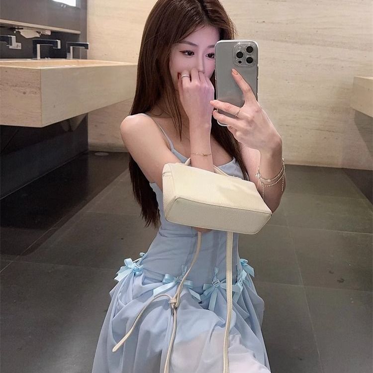 法式蓝色吊带连衣裙女夏