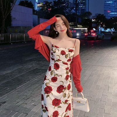 吊带裙女夏红色碎花连衣裙设计感