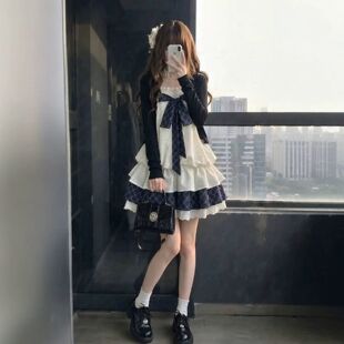 学院风甜美洋气穿搭一整套女初秋长袖罩衫+蝴蝶结吊带裙两件套装
