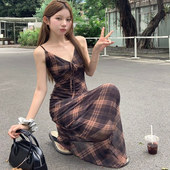 温柔系法式 菱格吊带裙女夏新款 收腰遮肉显瘦梨形身材复古连衣裙子