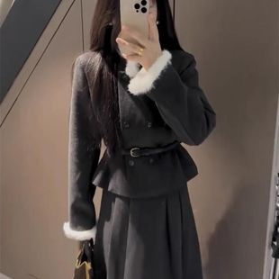 小香风富家千金穿搭套装女冬装新款呢子开衫外套半身裙气质两件套