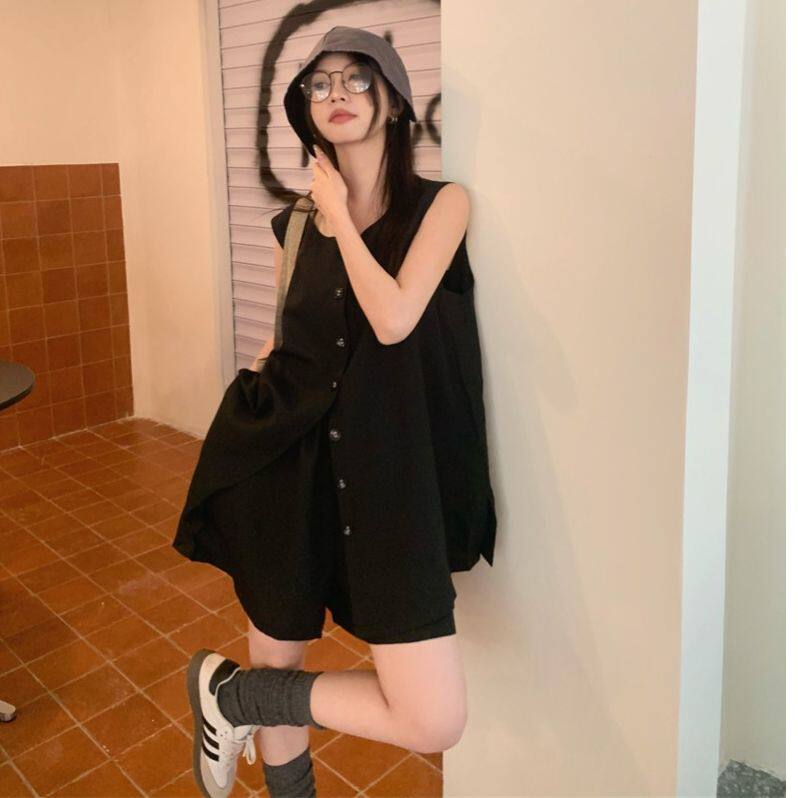 韩系chic松弛感一整套装女夏季宽松无袖马甲背心+休闲短裤两件套