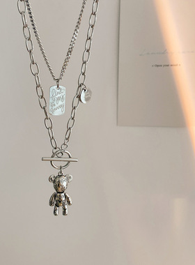 钛钢不掉色双层可活动小熊项链女嘻哈潮酷毛衣链秋冬季辣妹卫衣链