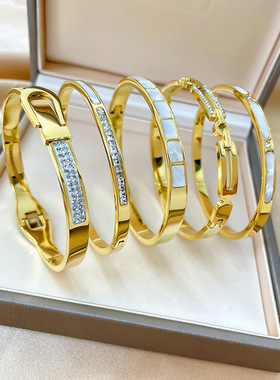 日韩新款镂空钛钢不褪色玫瑰金手镯镶钻简约开口手环钛钢饰品