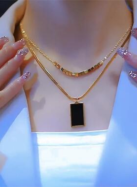 时尚十方牌双层黑牌叠戴锁骨链气质百搭钛钢不掉色项链女网红配饰