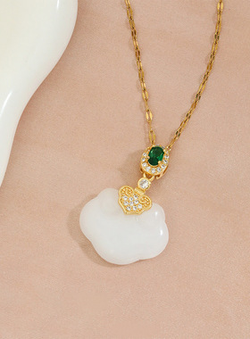 国潮风复古新款玉石项链女祥云如意福锁挂锁吊坠时尚优雅锁骨链