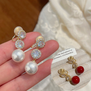 法式复古珍珠耳夹无耳洞新潮长款轻奢耳环甜美闪钻耳钉蚊香盘耳饰