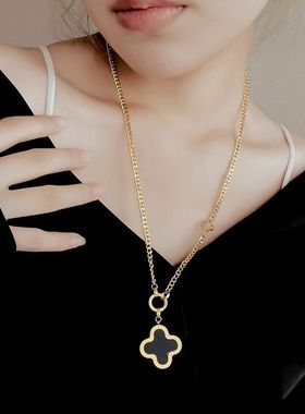 黑白双面设计四叶草长款项链女2023年新款潮不掉色毛衣链欧美时尚
