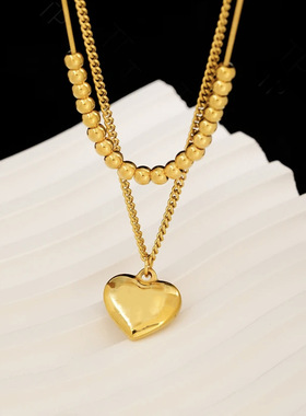 爱心吊坠项链钛钢珠双层两戴款锁骨链简约百搭时尚女潮新款颈链