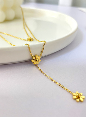 网红ins新款钛钢双层叠戴小菊花项链女锁骨链冷淡风简约小众设计