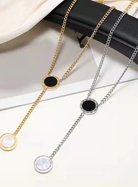 INS网红日韩设计感钛钢圆盘流苏吊坠中长款毛衣项链贝壳双面佩戴