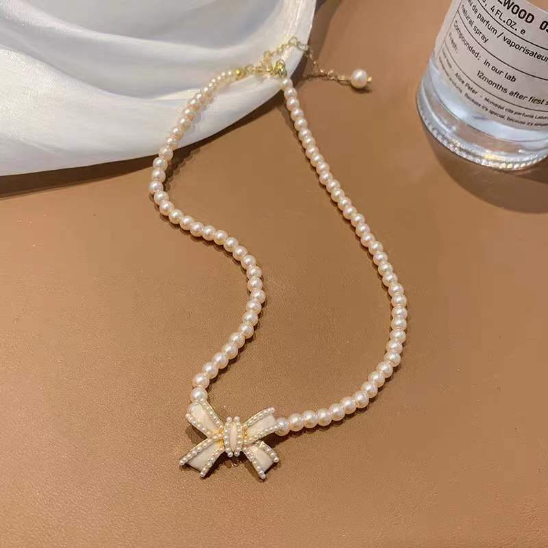 韩款珍珠蝴蝶结锁骨链网红同款复古新娘配饰气质女
