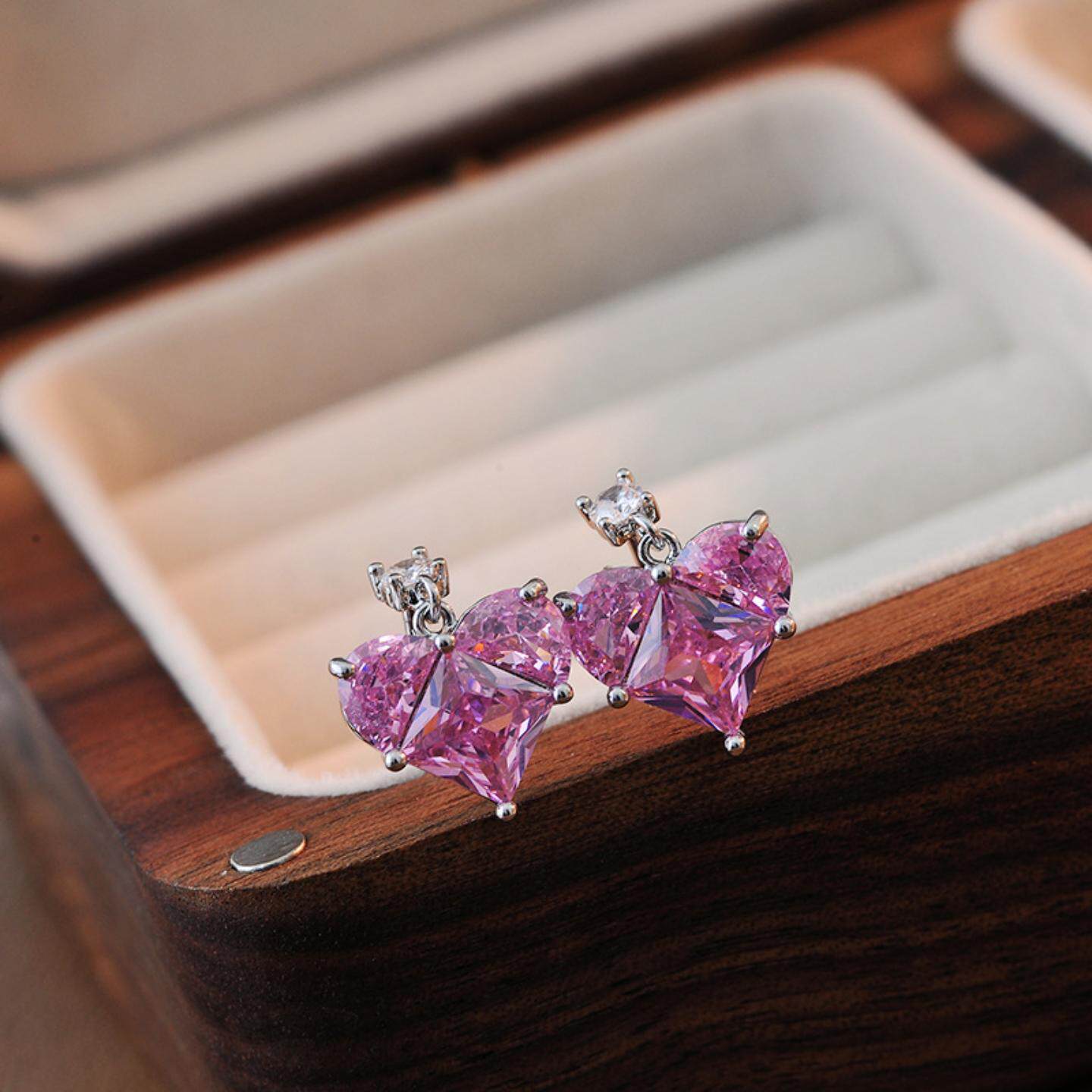 925银针粉色爱心耳钉女韩版超闪气质简约桃心耳坠耳环轻奢设计感