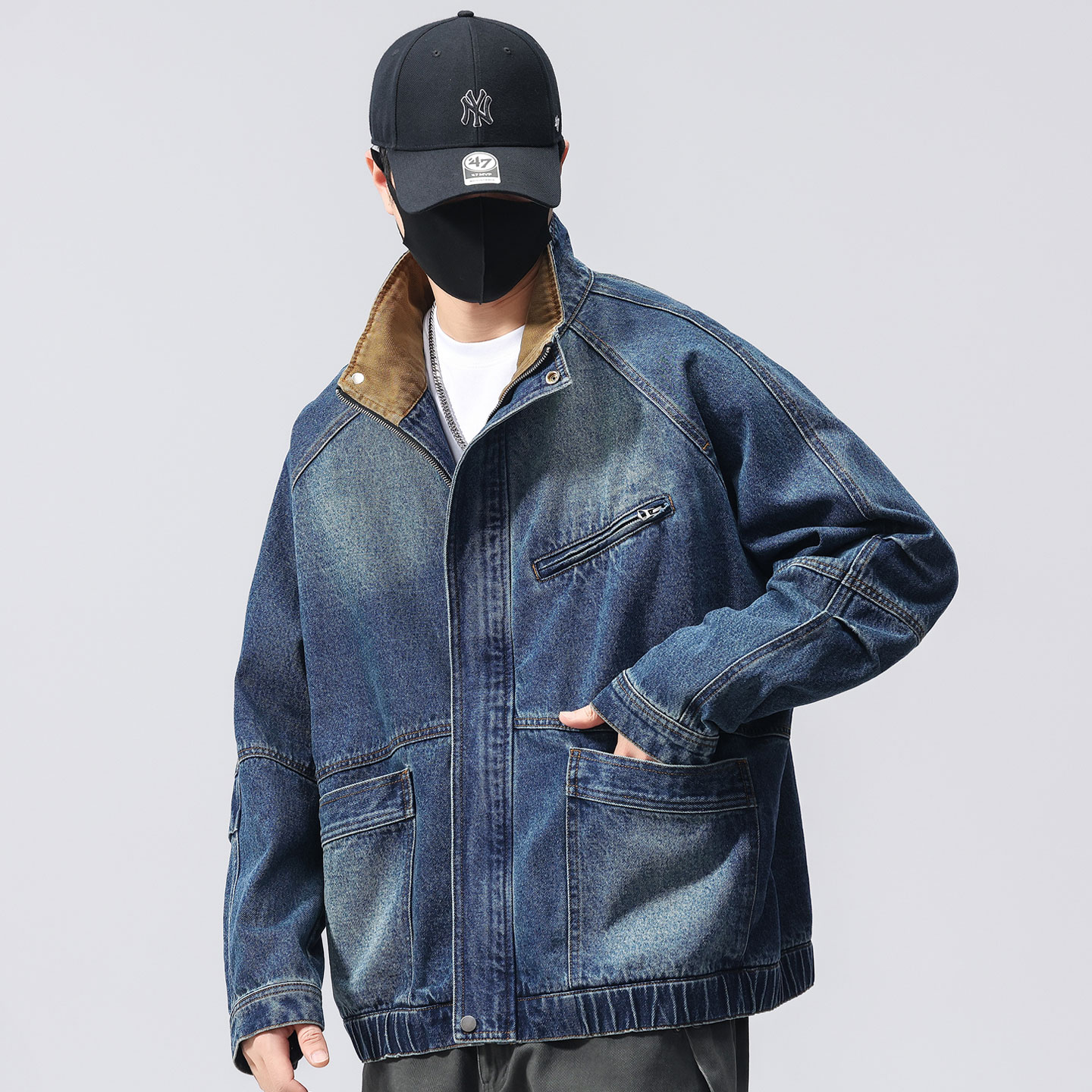 秋季新款立领牛仔外套男拉链夹克