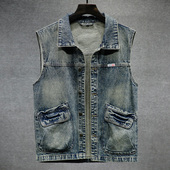 春秋无袖 秋季 马夹坎肩背心 帅气牛仔马甲男士 复古怀旧大码 新款 工装