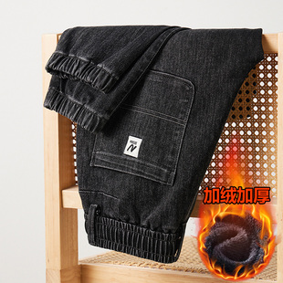 加厚弹力长裤 黑色系带加绒牛仔裤 秋冬季 宽松束脚潮牌休闲裤 子 男士