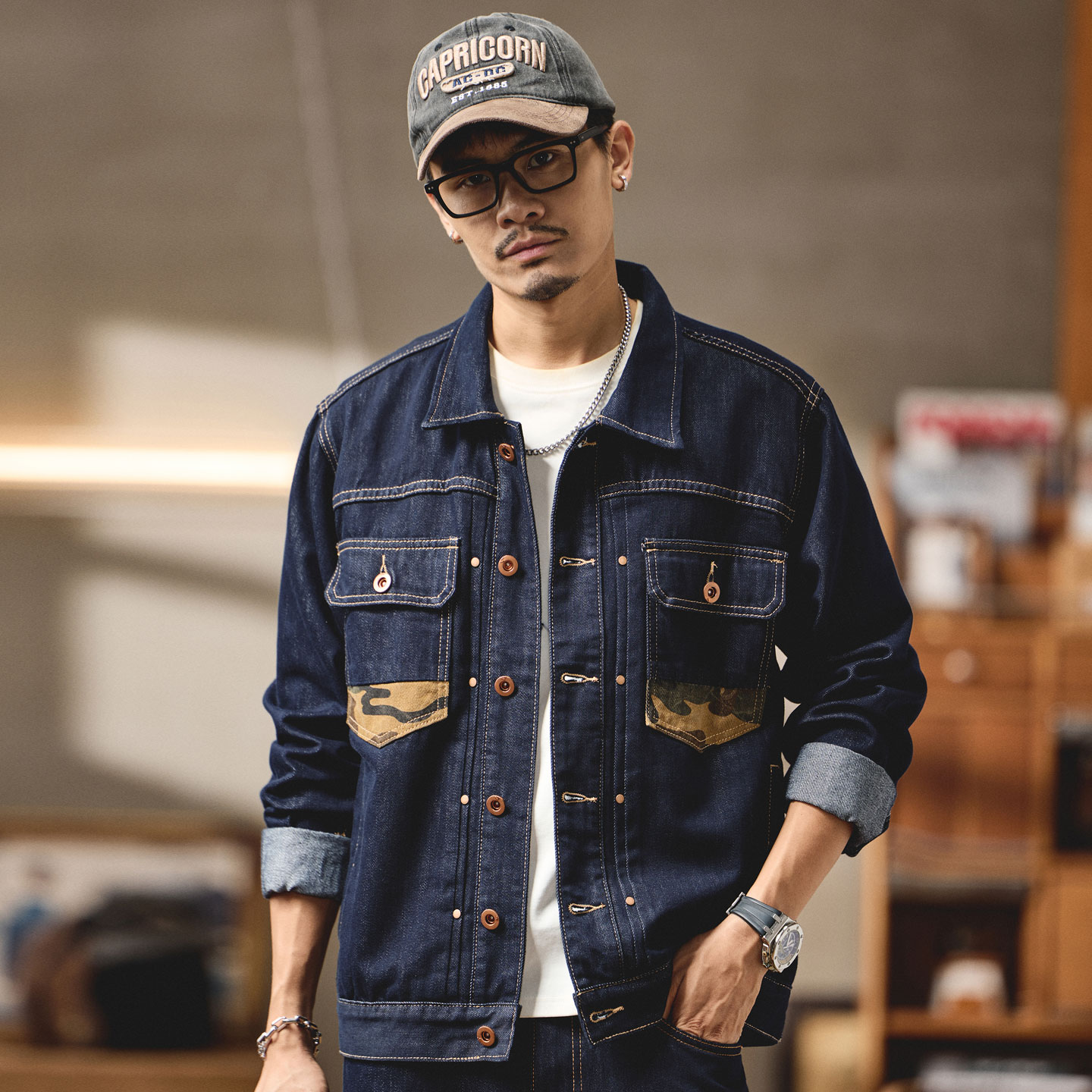 复古迷彩拼接牛仔外套男高端褂子