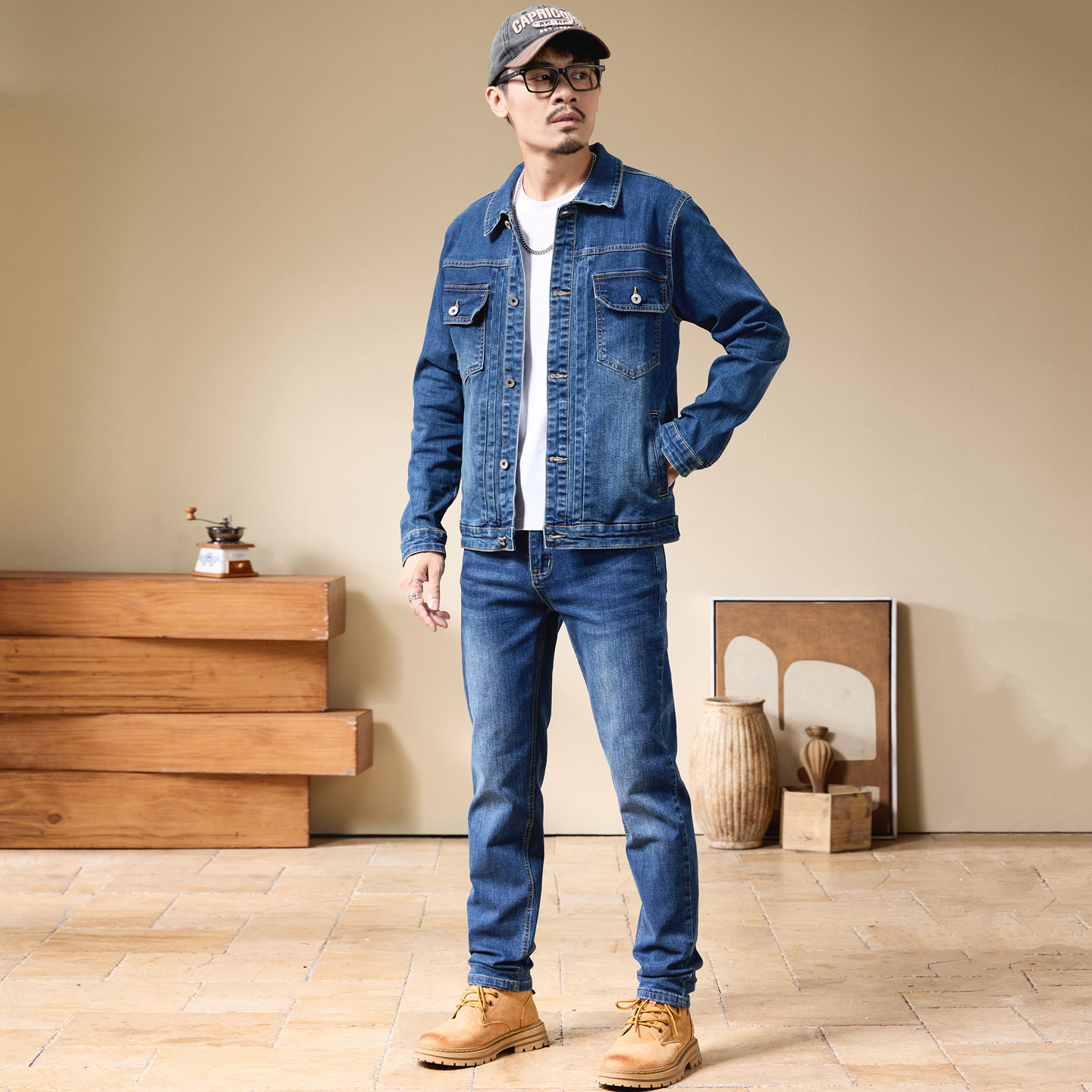 男士弹力短款牛仔外套修身套装潮