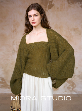 Miorastudio法式复古立体花朵针织抹胸 绿色气质温柔马海毛开衫